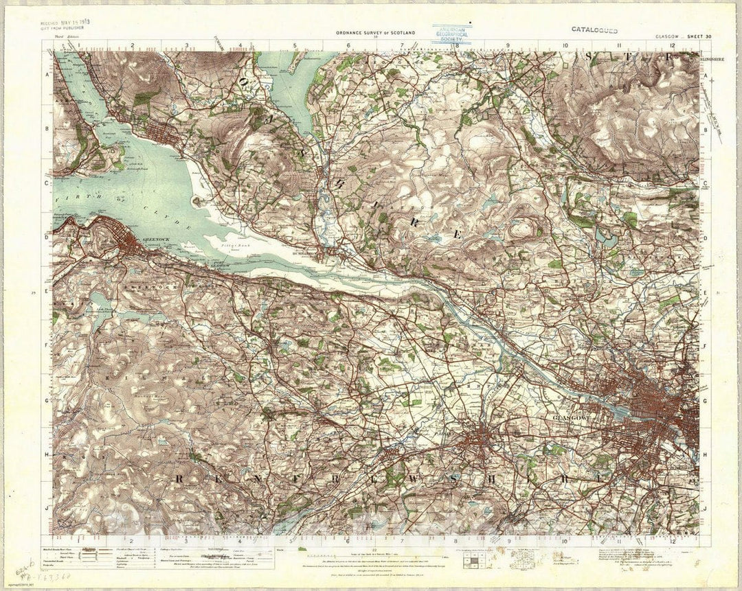 Map : Glasgow, Scotland 1911, Ordnance Survey of Scotland, Glasgow sheet 30, Antique Vintage Reproduction