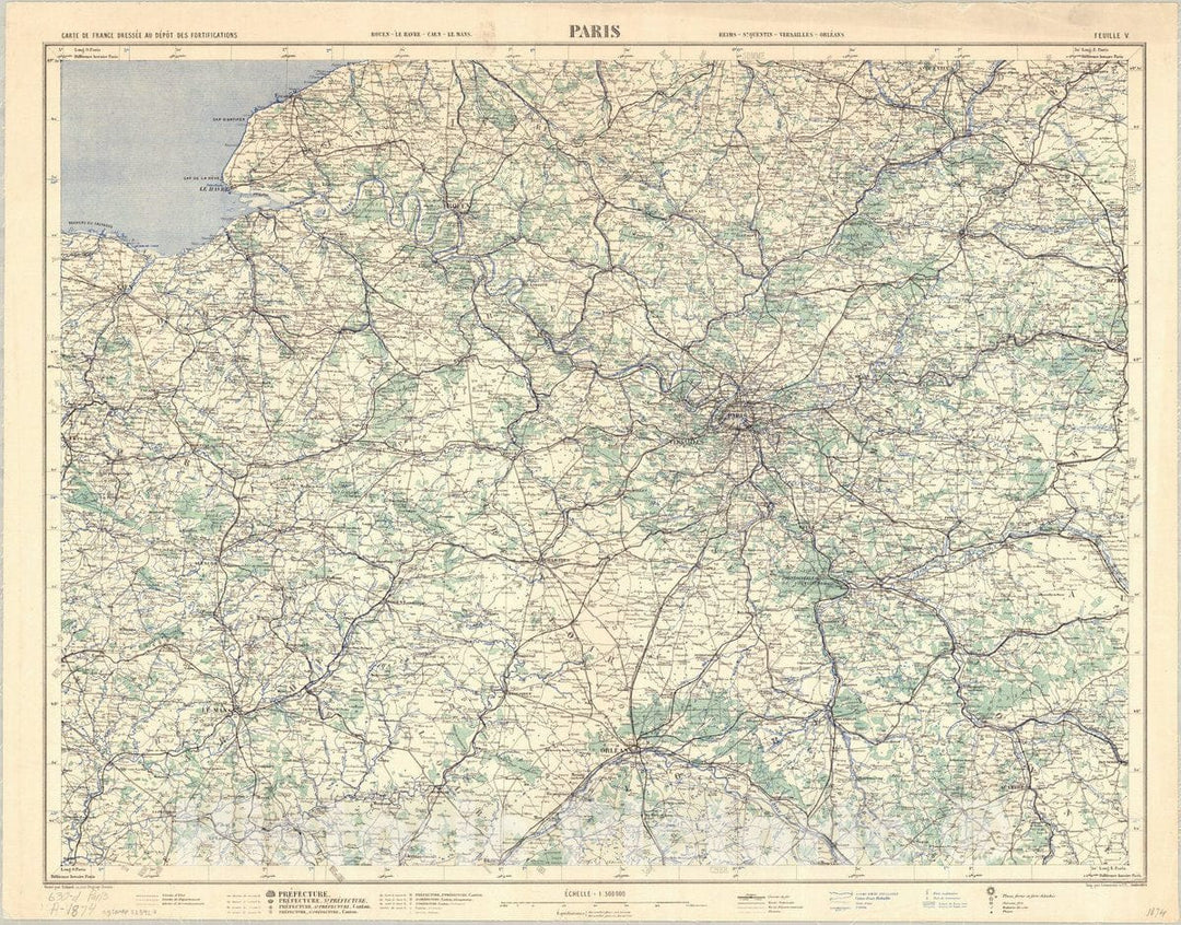 Map : Paris, France 1874, Carte de France dressee au depot des Fortifications, Paris feuille V , Antique Vintage Reproduction