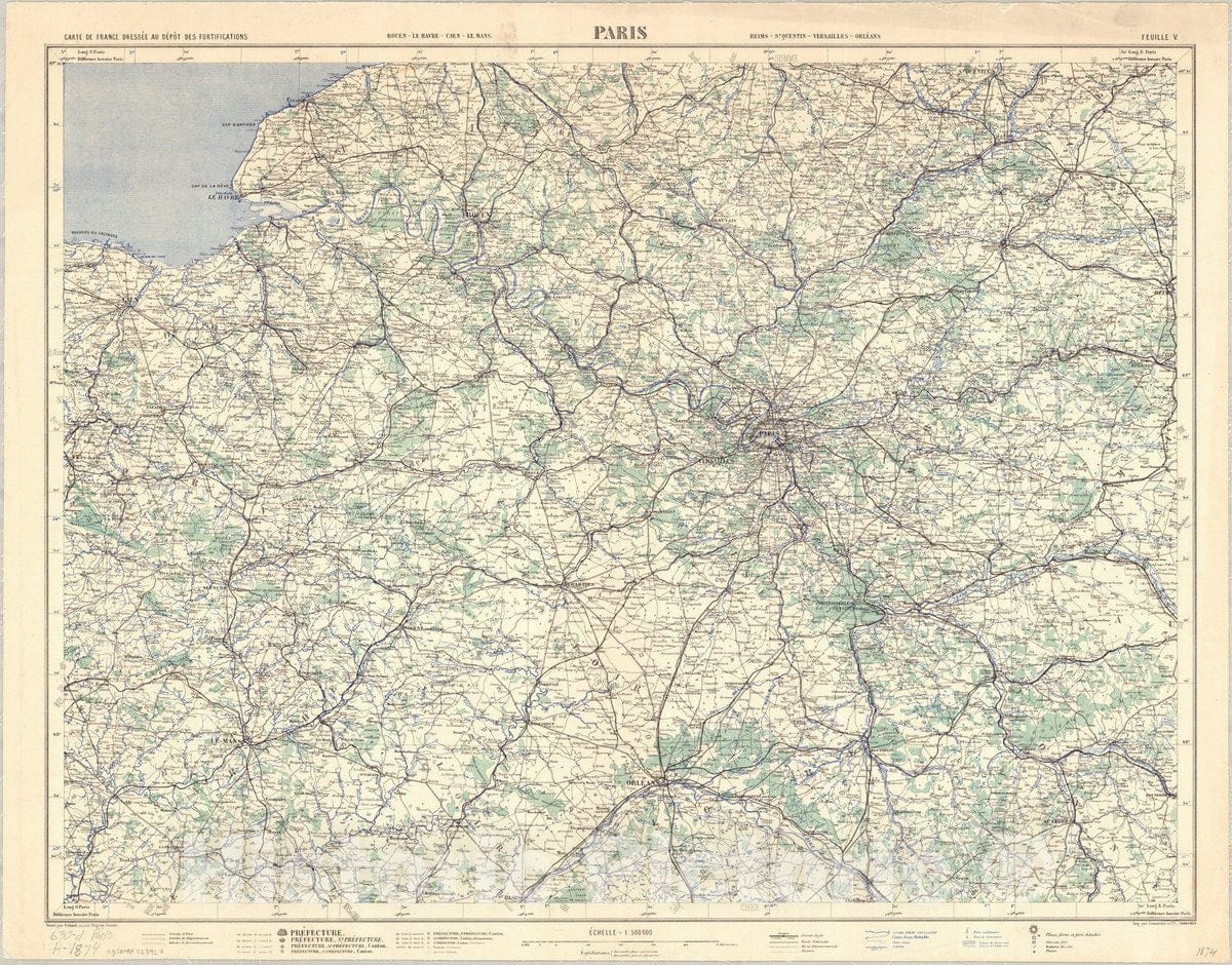 Map : Paris, France 1874, Carte de France dressee au depot des Fortifications, Paris feuille V , Antique Vintage Reproduction