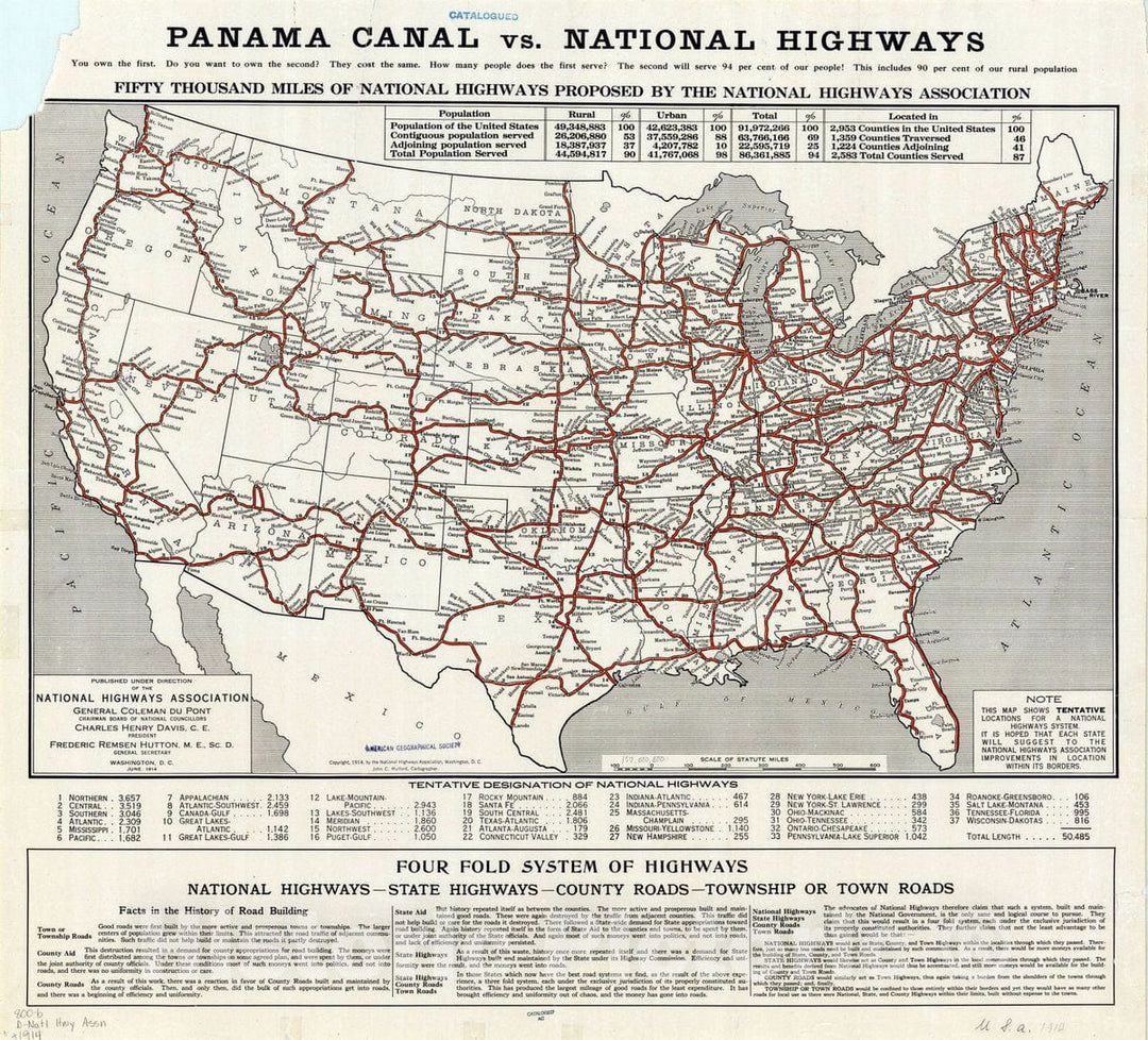 Map : United States Highways 1914, Fifty thousand miles of national highways, Antique Vintage Reproduction