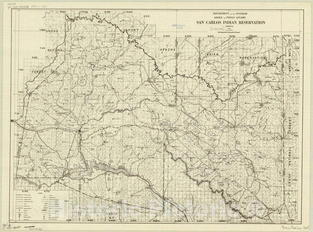 Map : San Carlos Indian Reservation, Arizona 1945, San Carlos Indian Reservation, Arizona 1945 , Antique Vintage Reproduction