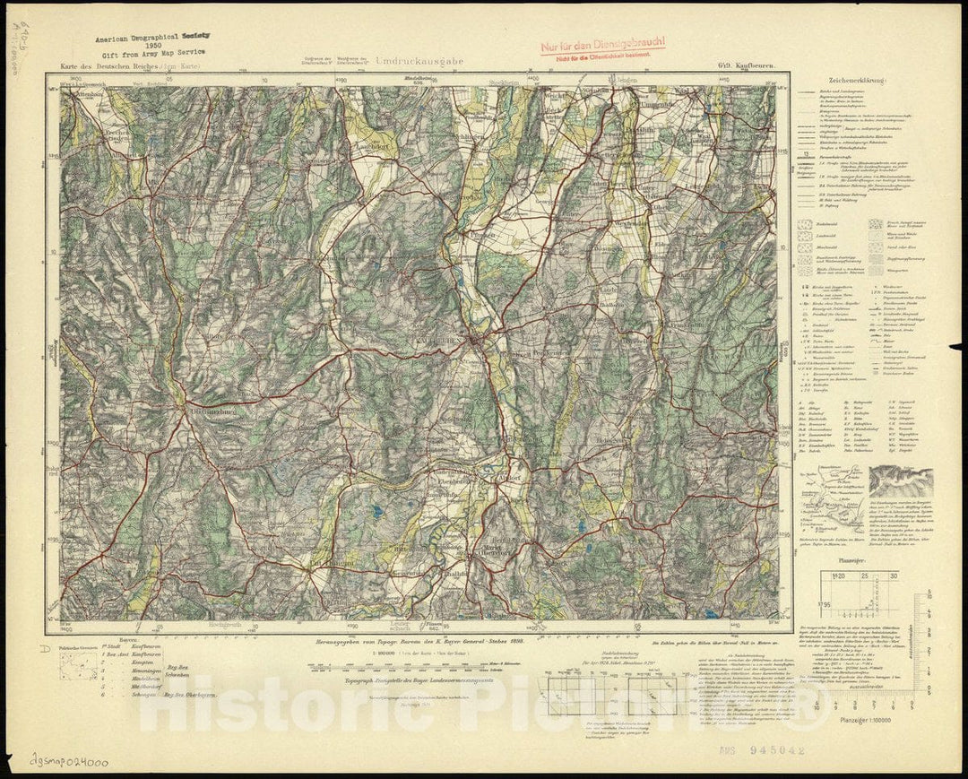 Map : Kaufbeuren, Germany 1934, Karte des Deutschen Reiches, 649 Kaufbeuren, Antique Vintage Reproduction