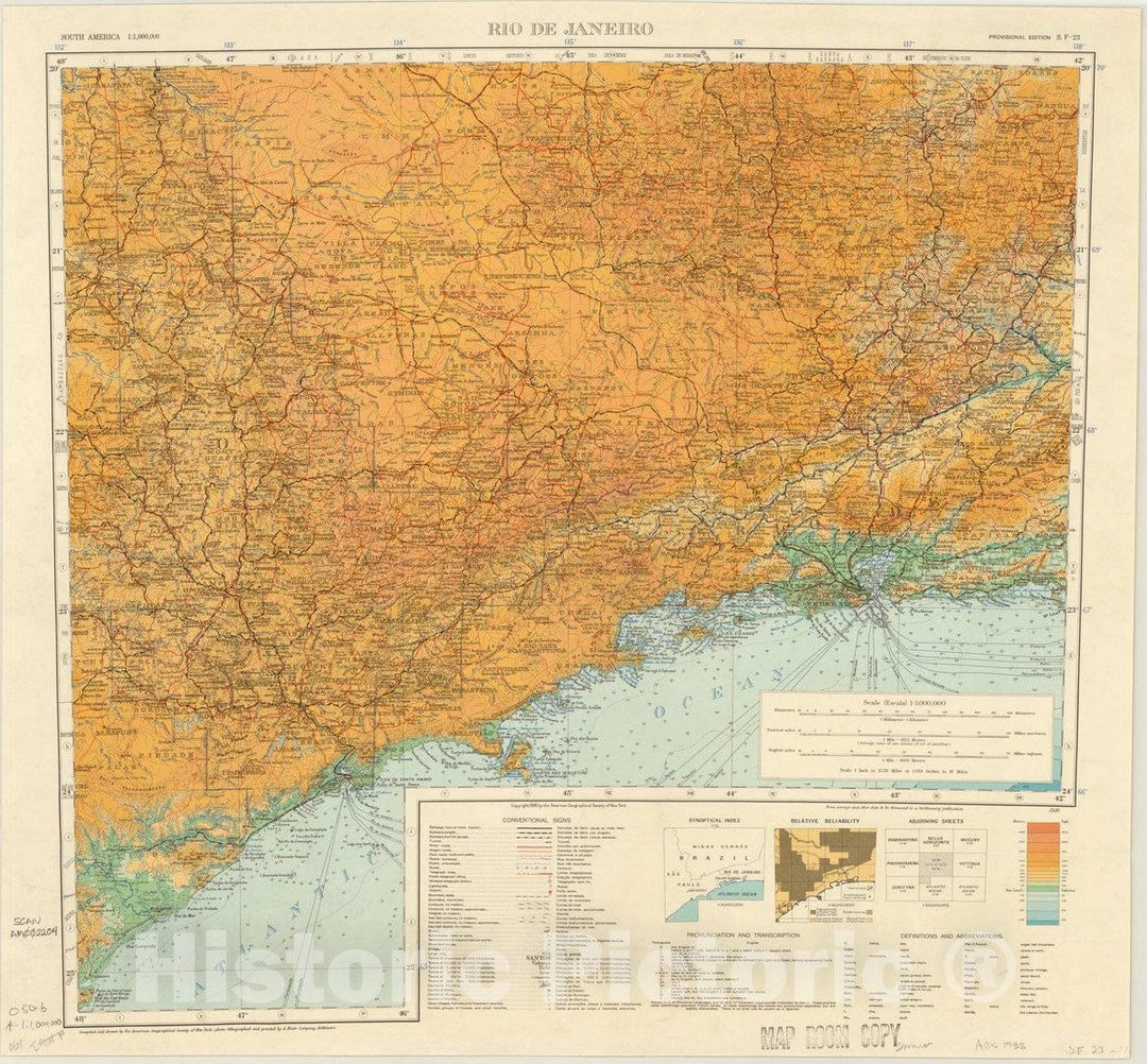 Map : Rio De Janeiro 1938, South America 1:1,000,000 Rio de Janeiro S.F. 23 , Antique Vintage Reproduction