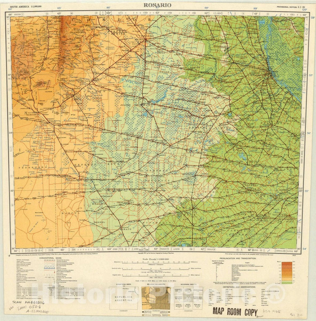 Map : Rosario 1935, South America 1:1,000,000 Rosario S.I. 20 , Antique Vintage Reproduction