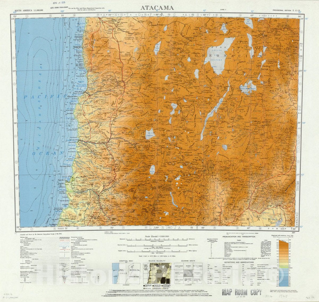 Map : Atacama 1947, South America 1:1,000,000 Atacama S.G. 19 , Antique Vintage Reproduction