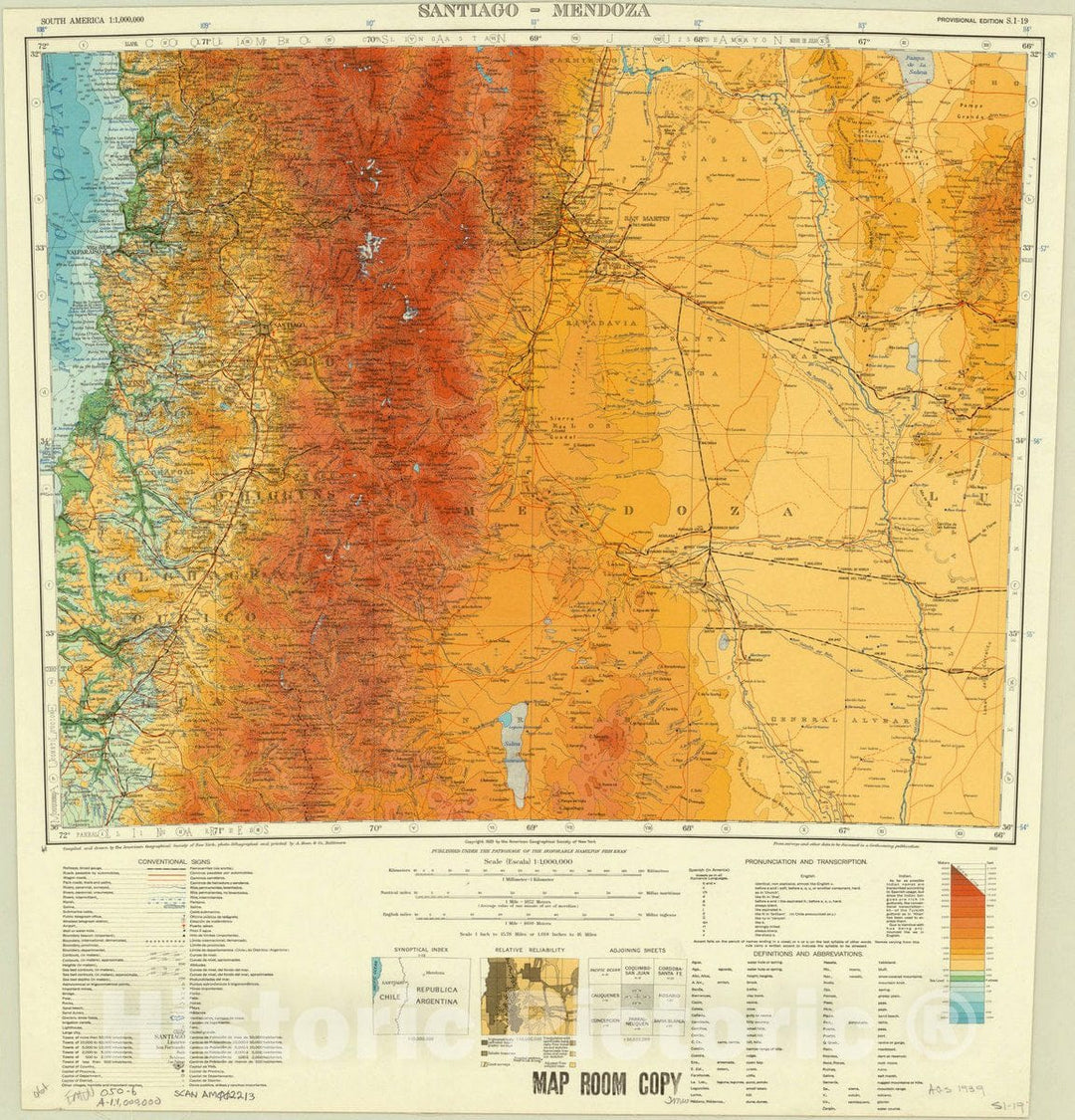 Map : Santiago Mendoza 1939, South America 1:1,000,000 Santiago - Mendoza S.I. 19 , Antique Vintage Reproduction