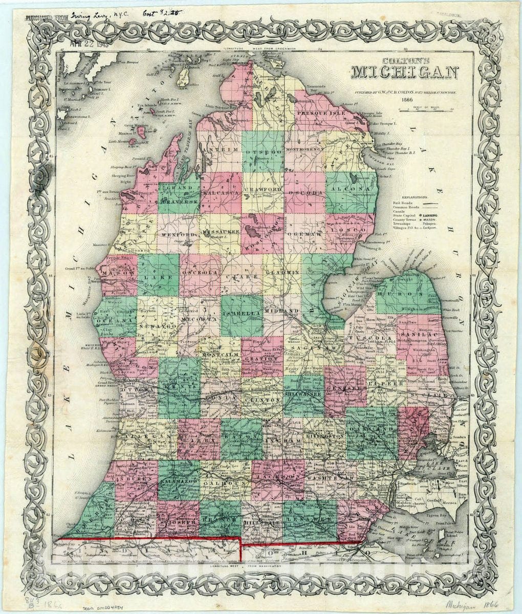 Map : Michigan 1866, Colton's Michigan 1866, Antique Vintage Reproduction