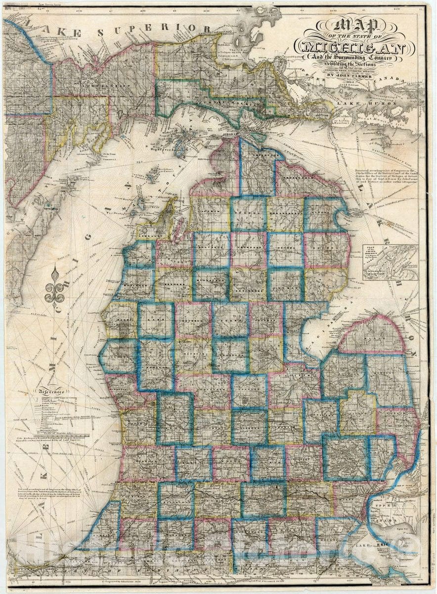 Map : Michigan 1867, Map of the state of Michigan and the surrounding country exhibiting the sections and the latest surveys , Antique Vintage Reproduction