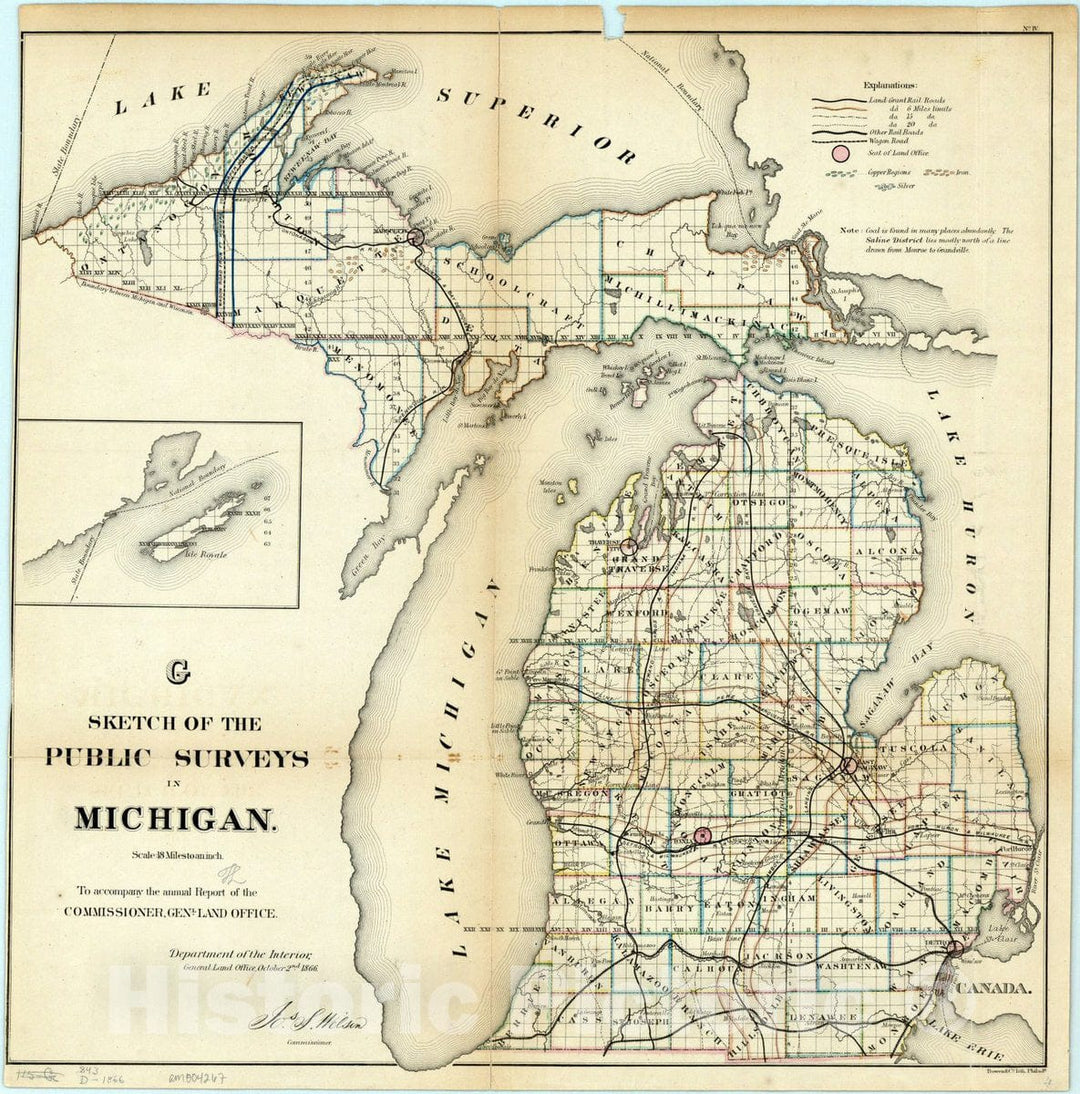 Map : Michigan 1866, Sketch of the public surveys in Michigan : to accompany the annual report of the Commissioner, Gen'l Land Office, Antique Vintage Reproduction