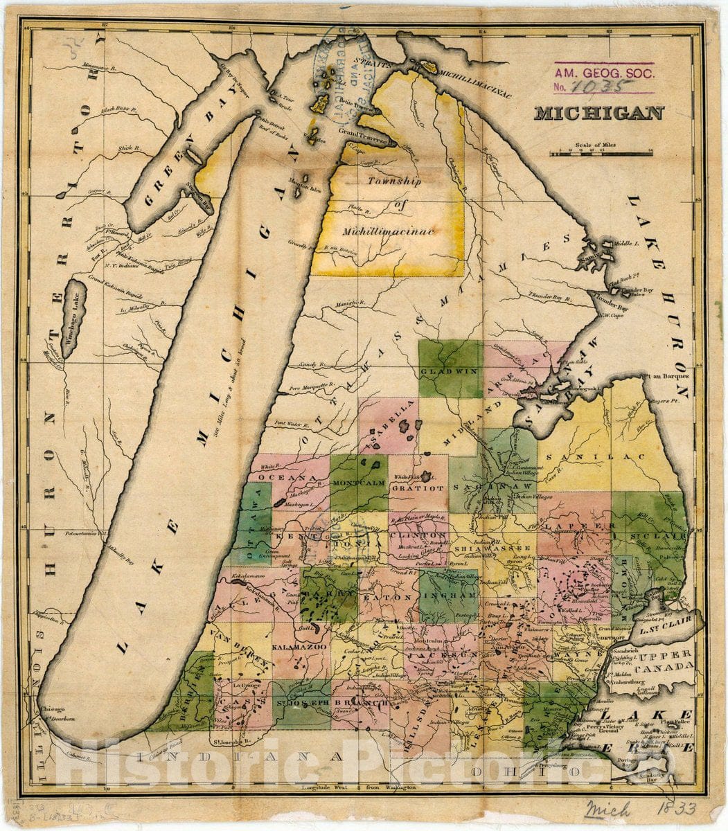 Map : Michigan 1833, Michigan, Antique Vintage Reproduction