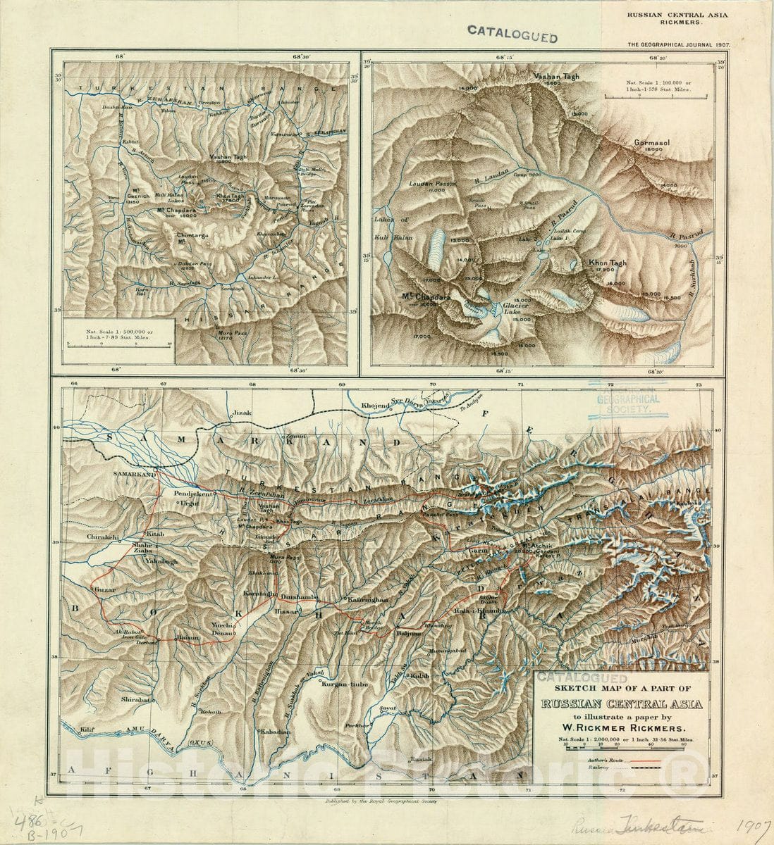 Map : Central Asia 1907, Sketch map of a part of Russian central Asia to illustrate a paper by W. Rickmer Rickmers , Antique Vintage Reproduction