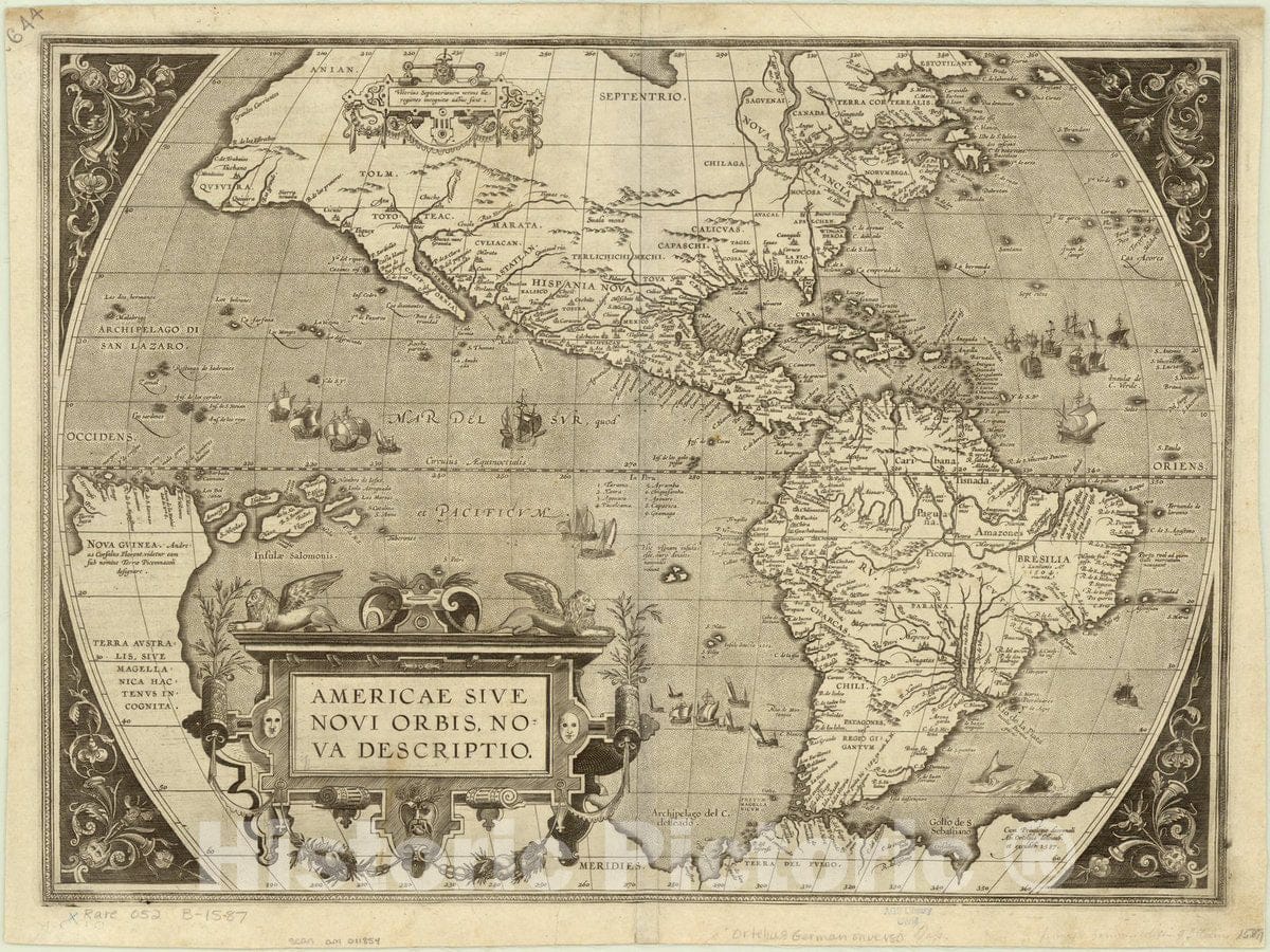 Map : Western Hemisphere 1587 1, Americae sive novi orbis nova descriptio , Antique Vintage Reproduction