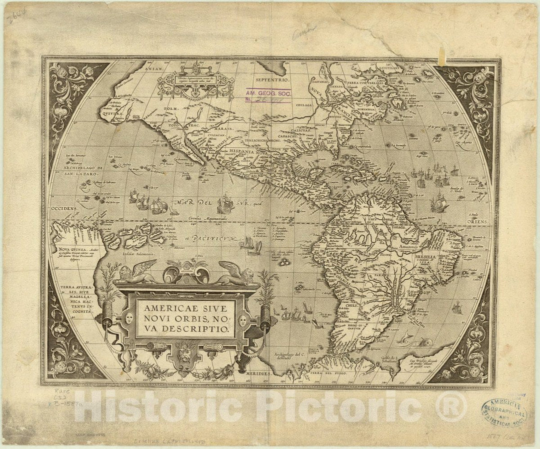 Map : Western Hemisphere 1587 2, Americae sive novi orbis nova descriptio , Antique Vintage Reproduction