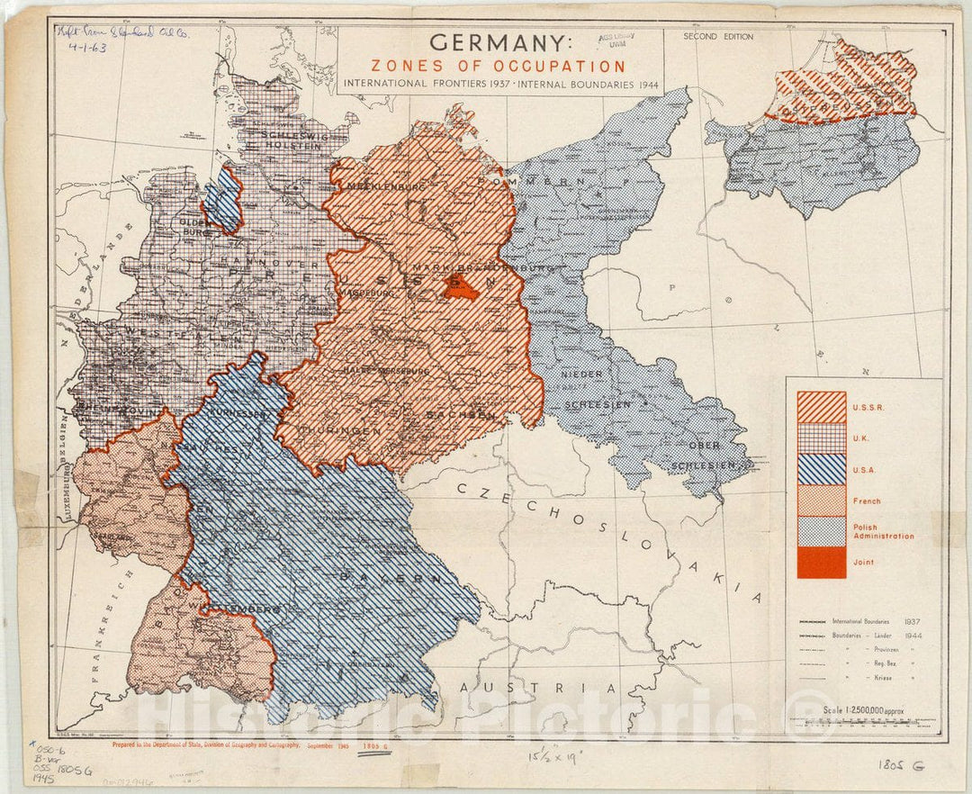 Map : Germany 1945, Germany zones of occupation : international frontiers 1937, internal boundaries 1944 , Antique Vintage Reproduction