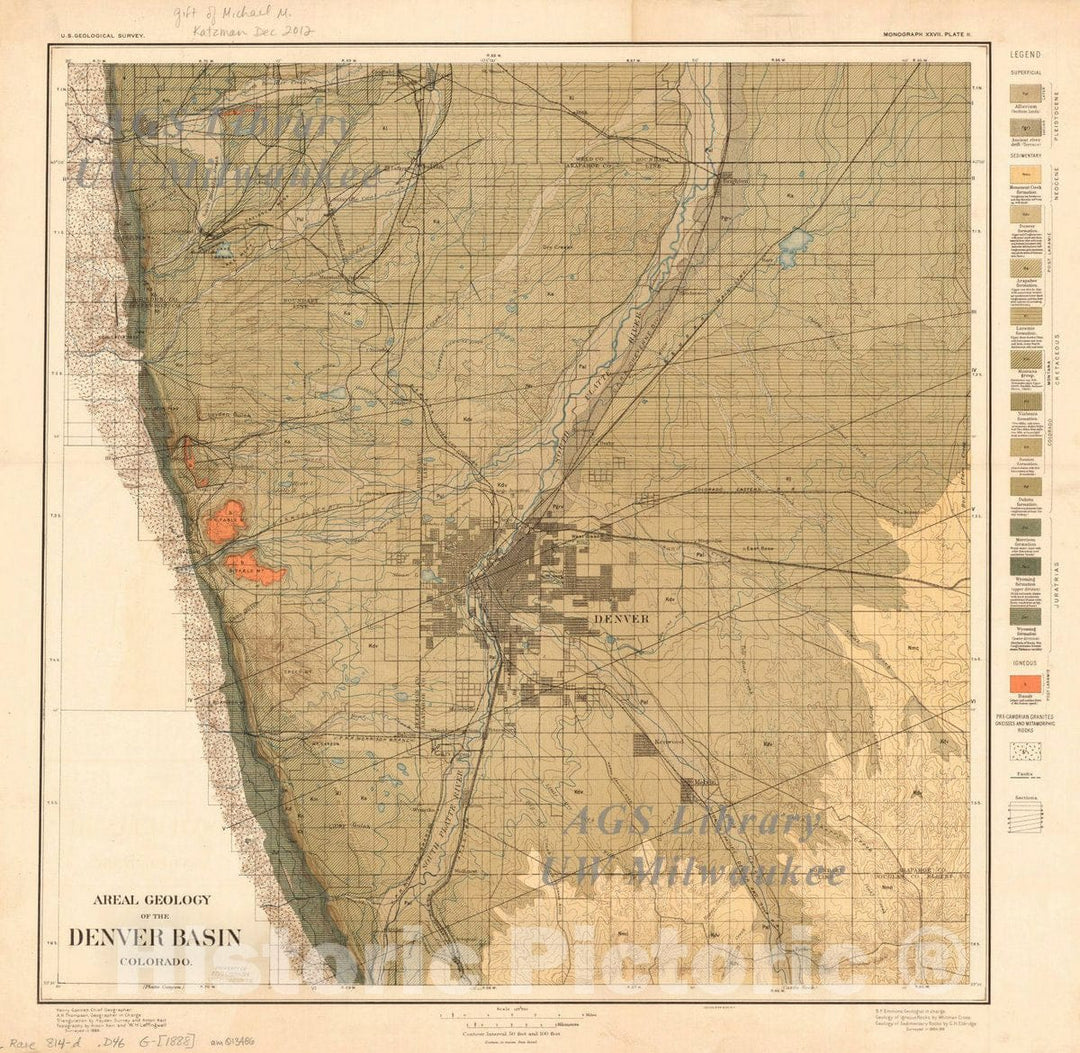 Map : Colorado 1888, Areal geology of the Denver Basin, Colorado , Antique Vintage Reproduction