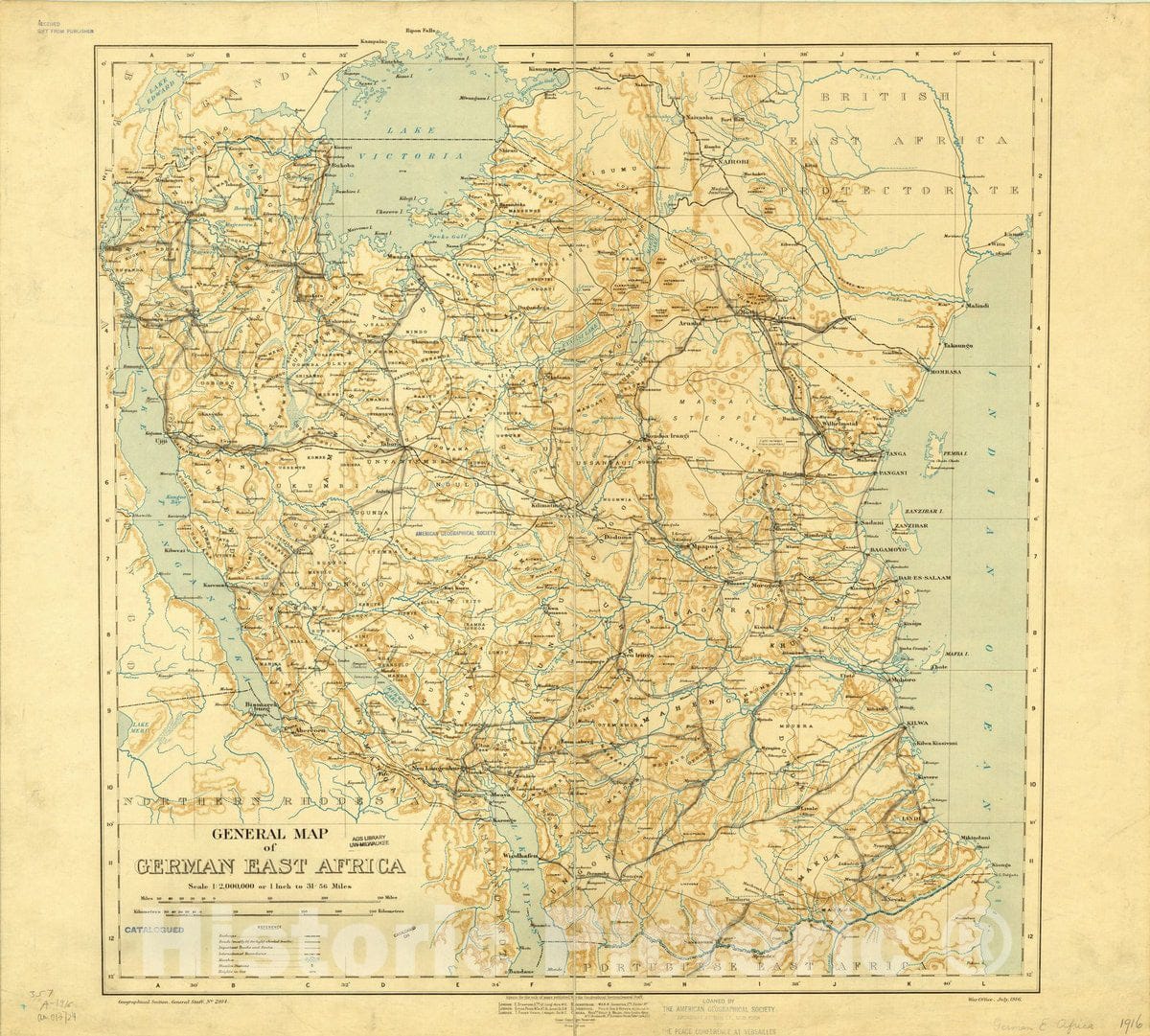 Map : East Africa 1916, General map of German East Africa , Antique Vintage Reproduction