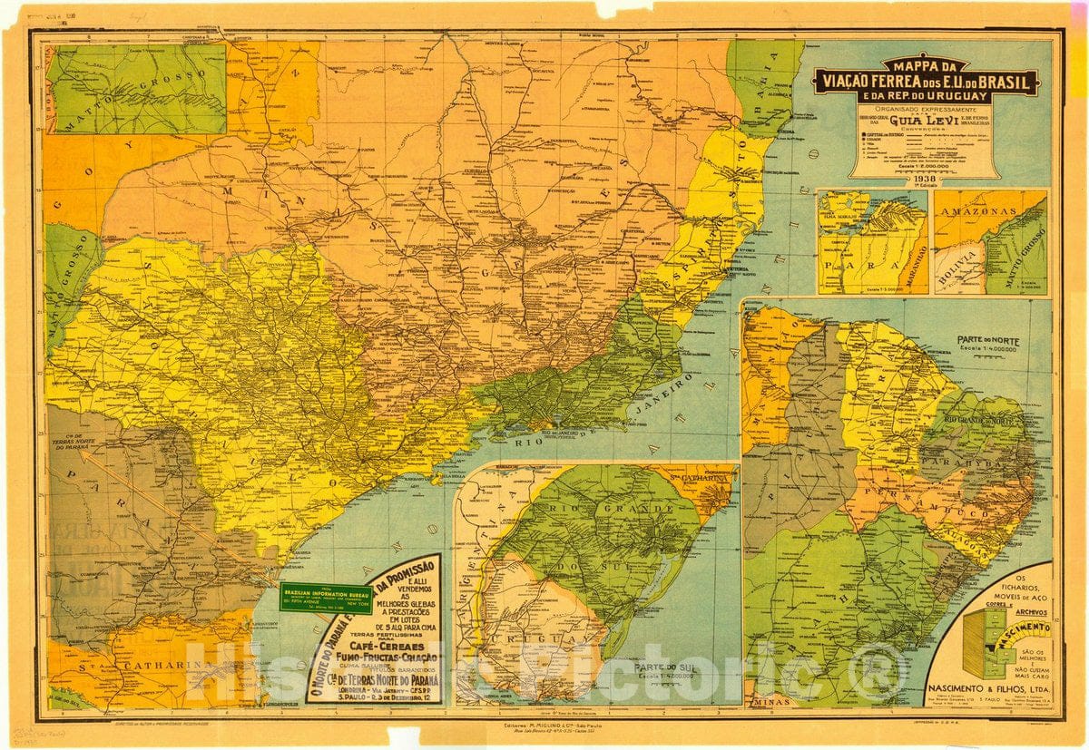 Map : Rio de Janeiro, Brazil 1938 2, Mappa da viacao ferrea dos E.U. do Brasil e da rep. do Uruguay 1938 , Antique Vintage Reproduction