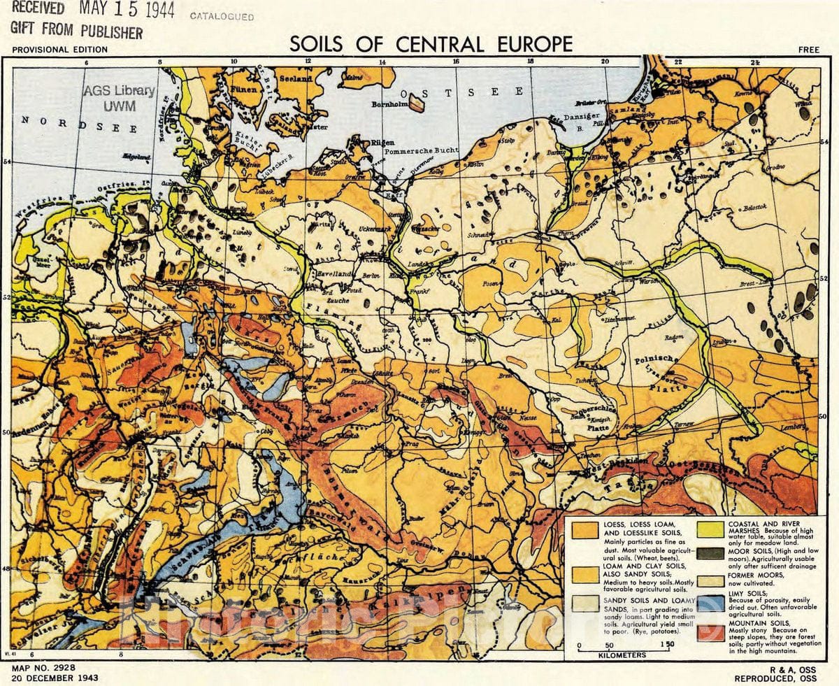 Map : Europe 1943, Soils of Central Europe , Antique Vintage Reproduction