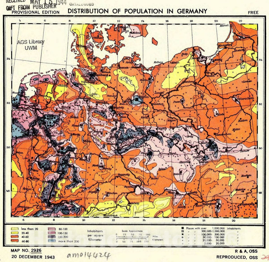 Map : Germany 1943, Distribution of population in Germany , Antique Vintage Reproduction