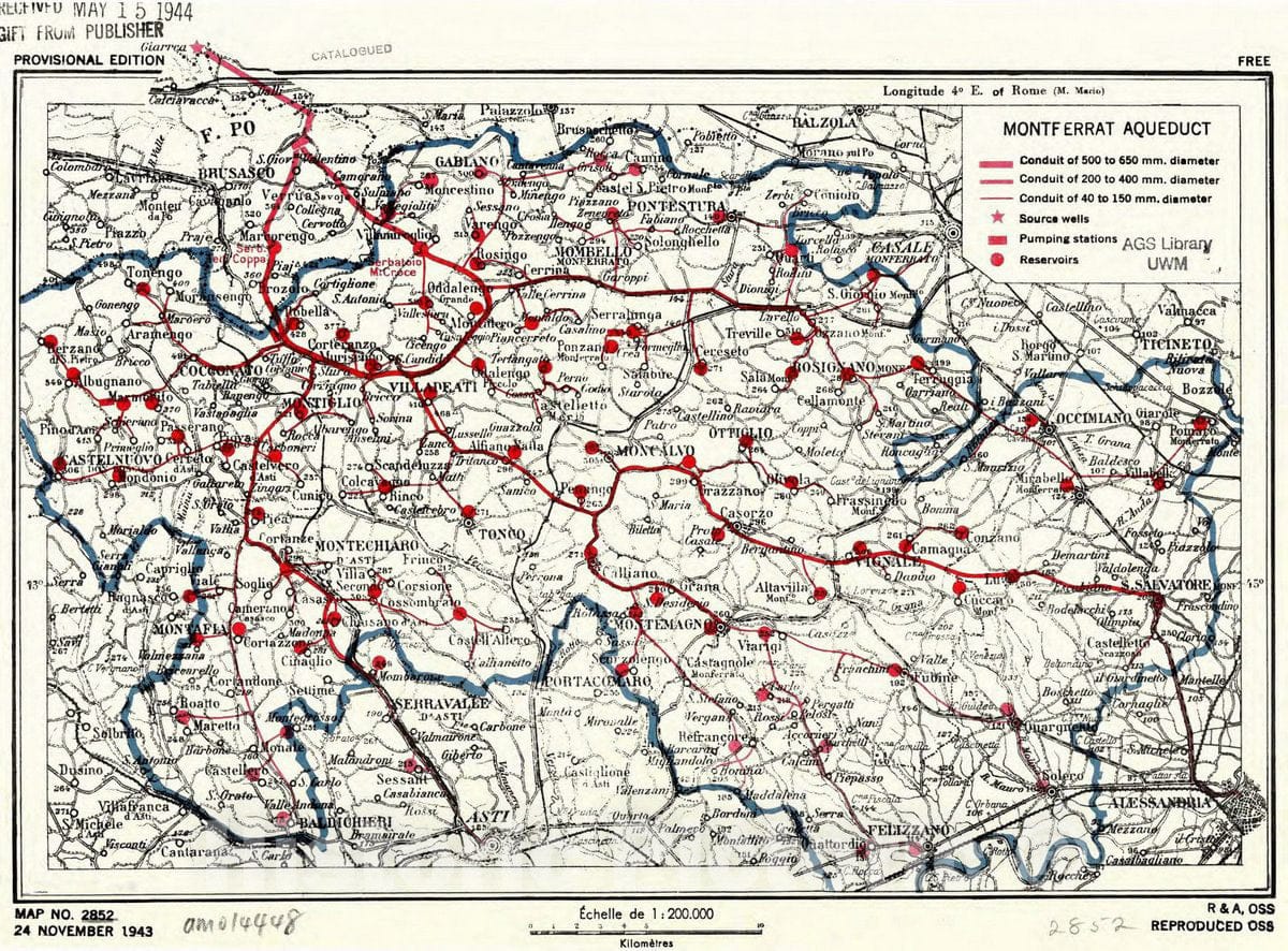 Map : Monferrato, Italy 1943, Montferrat aqueduct , Antique Vintage Reproduction