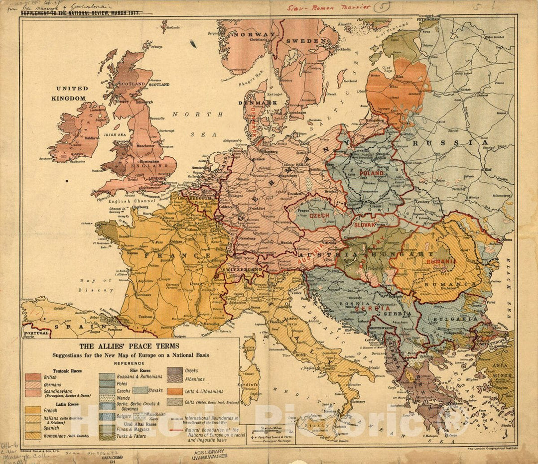 Map : Europe 1917, The Allies' peace terms : suggestions for the new map of Europe on a national basis , Antique Vintage Reproduction