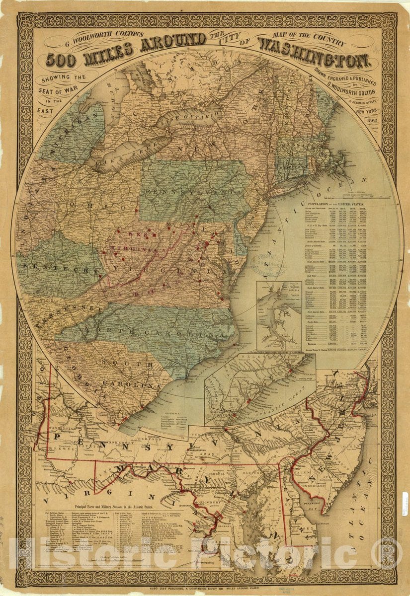 Map : Washington, District of Columbia 1861, G. Woolworth Colton's map of the country 500 miles around the city of Washington showing the seat of war in the East 1862