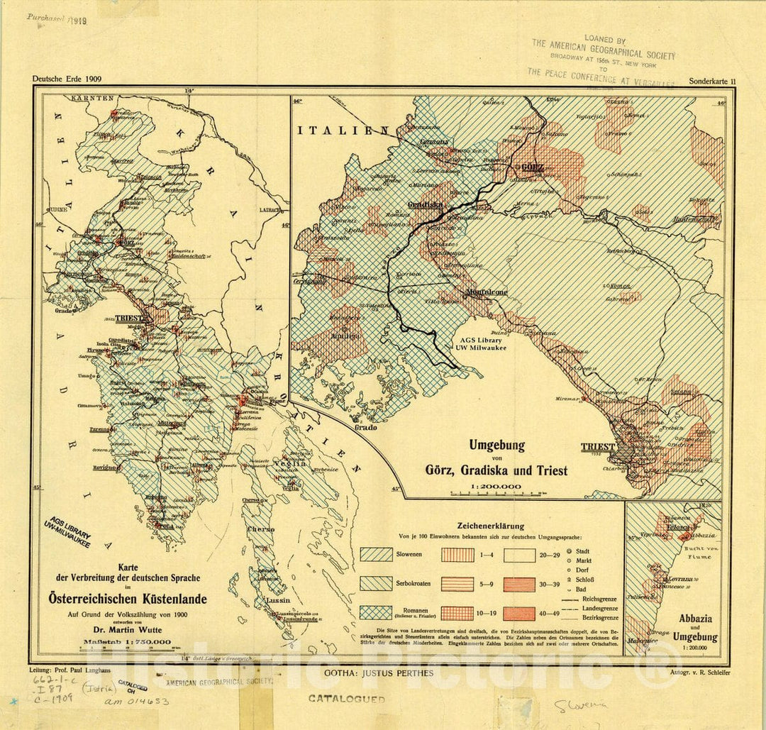 Map : Slovenia 1909, Karte der Verbreitung der deutschen Sprache im Osterreichischen Kustenlande auf Grund der VolkszA?hlung von 1900 , Antique Vintage Reproduction