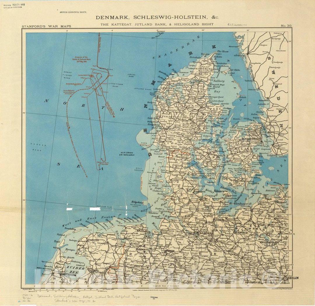 Map : Denmark 1918, Denmark, Schleswig-Holstein, &c., the Kattegat, Jutland Bank, & Heligoland Bight , Antique Vintage Reproduction