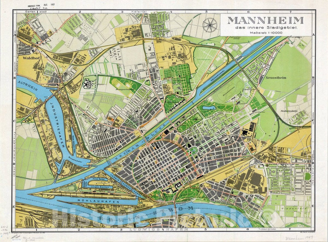 Map : Mannheim, Germany 1949, Mannheim das innere stadtgebiet , Antique Vintage Reproduction