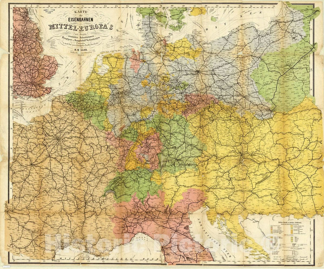 Historic Map : Europe, Central 1871, Karte der Eisenbahnen Mittel-Europa's : mit Angabe sA?mtlicher Bahnstationen, Hauptpost- u. Dampfschiff-Verbindungen , Antique Vintage Reproduction