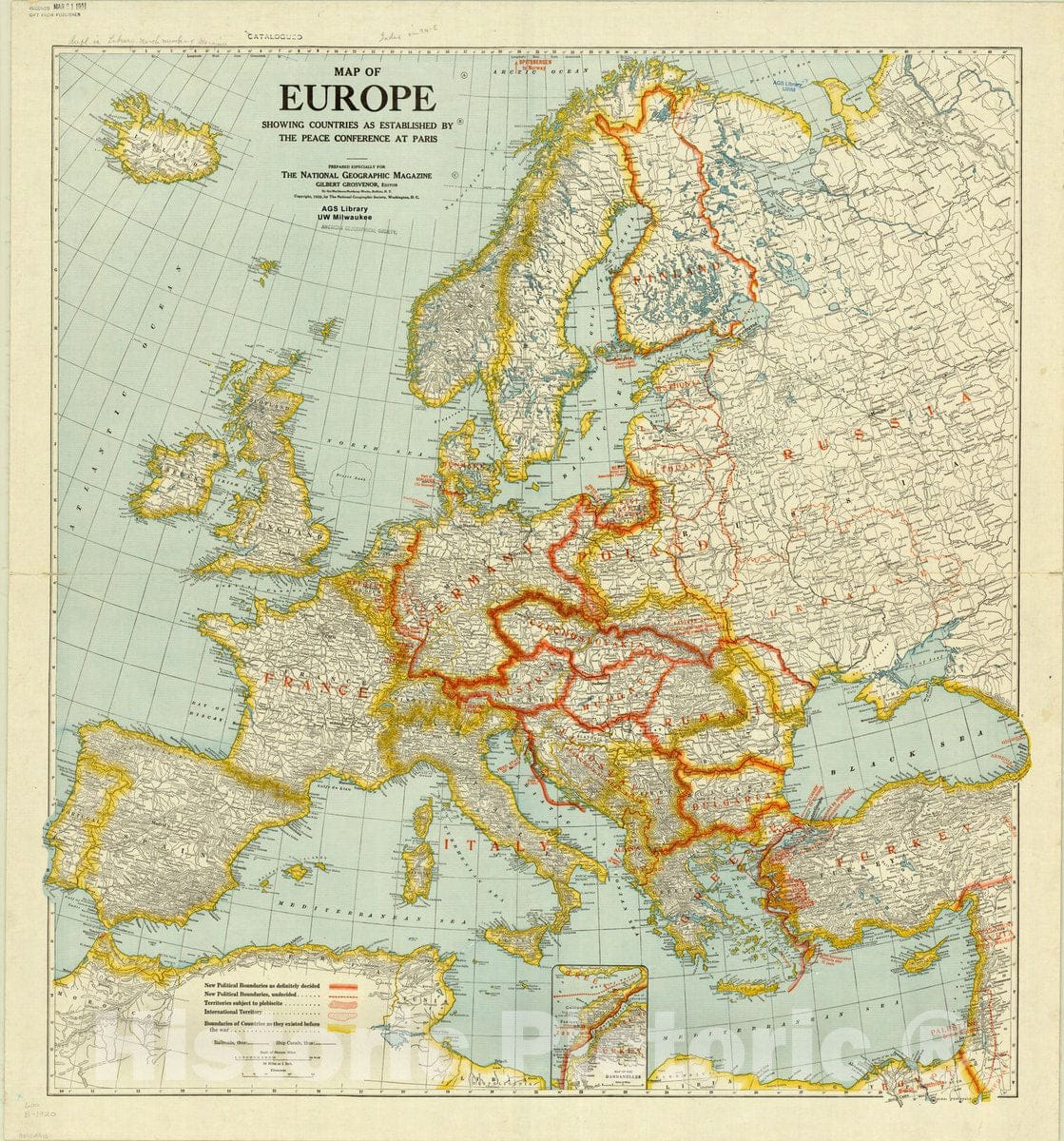 Map : Europe 1920, Map of Europe showing countries as established by the Peace Conference at Paris , Antique Vintage Reproduction