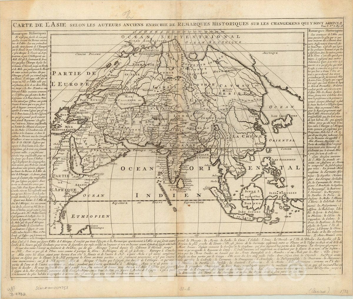 Map : Asia 1732, Carte de L'Asie selon les auteurs anciens enrichie de Remarques Historiques sur les changemens qui y sont arrivez. Atlas historique.