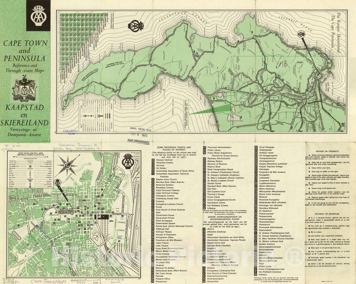 Map : Cape Town, South Africa 1969, Cape Town and Peninsula reference and through-route maps : Kaapstad en Skiereiland verwysings- en deurpaaie-kaarte