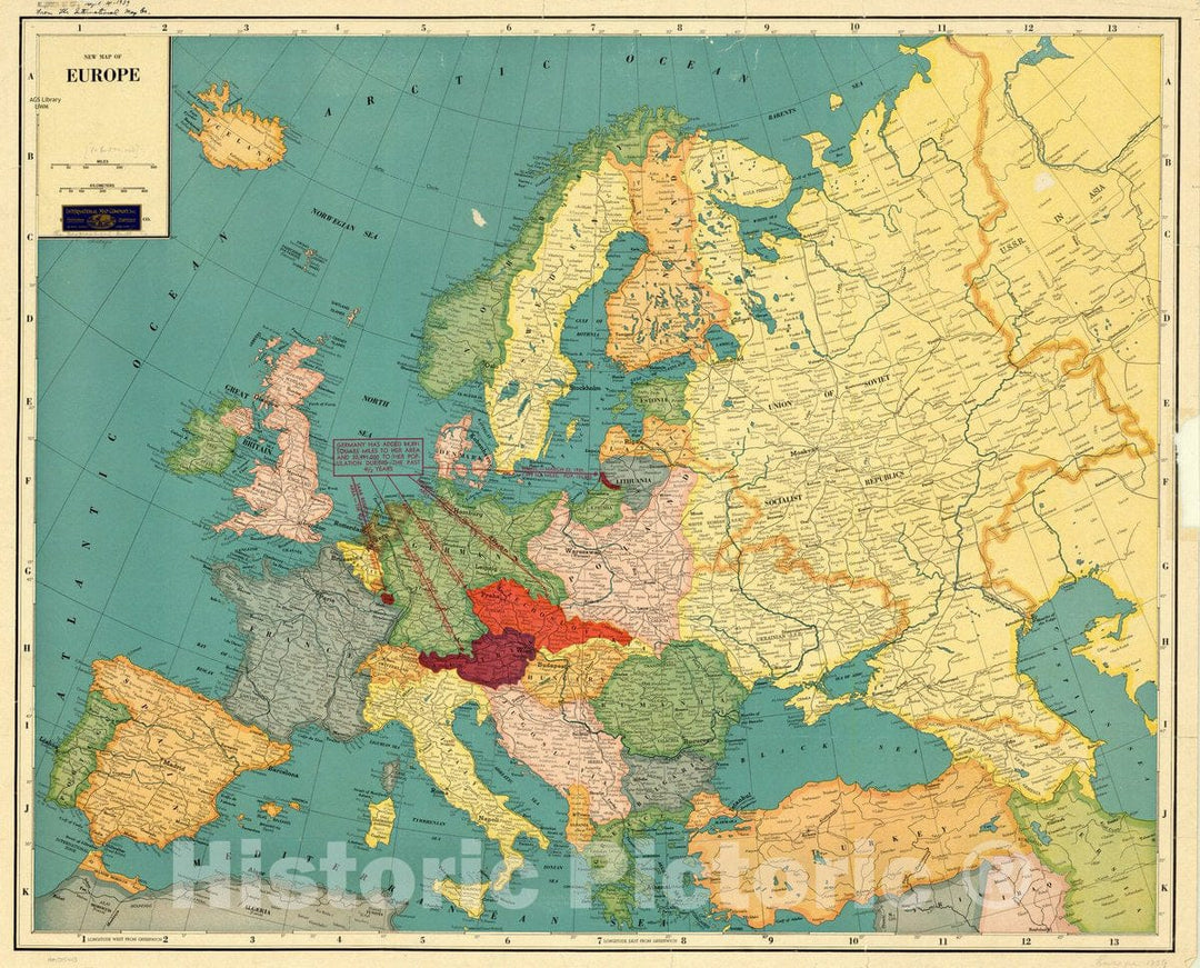 Map : Europe 1939, New map of Europe, Antique Vintage Reproduction