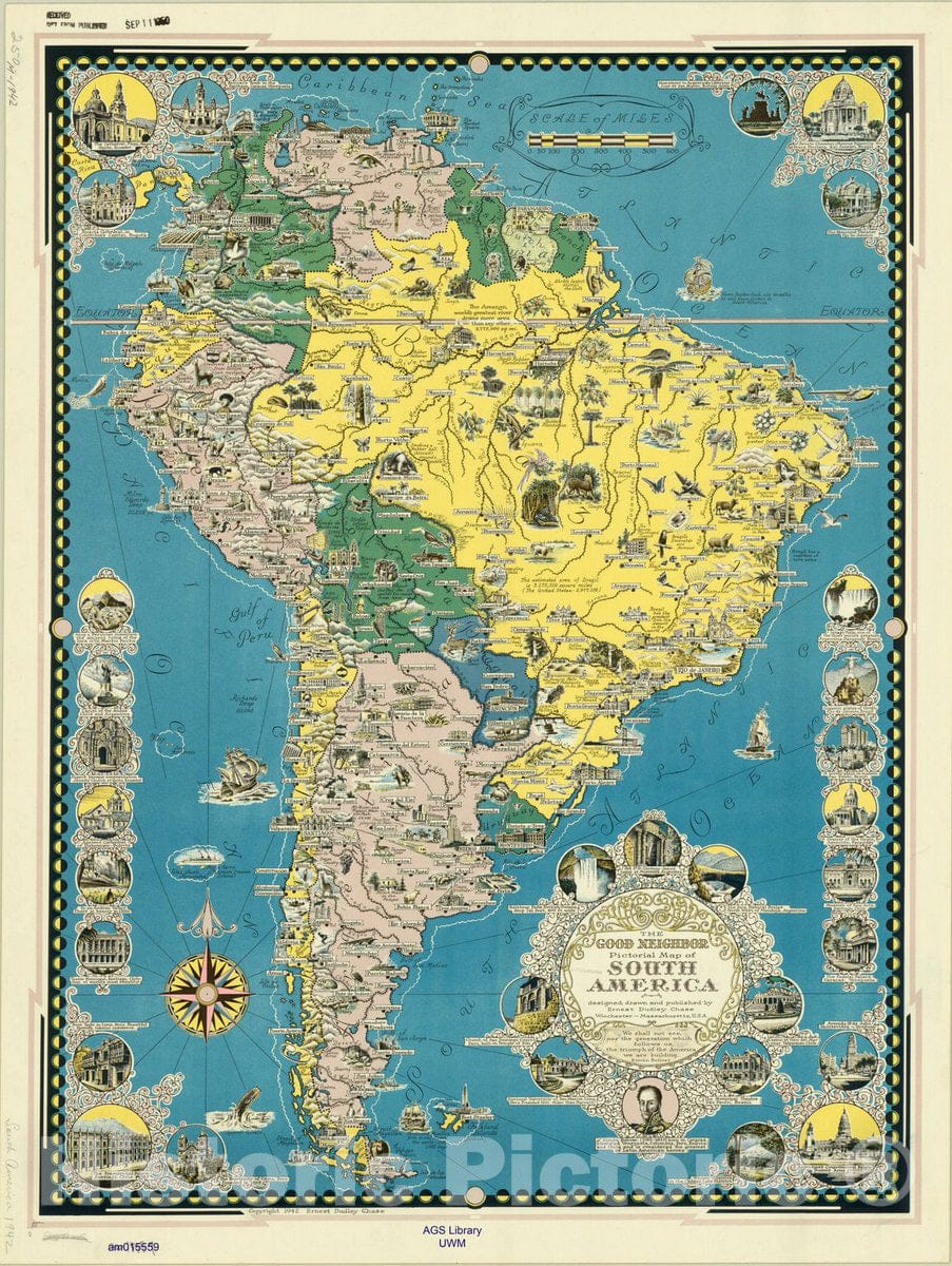 Map : South America 1942, The good neighbor pictorial map of South America , Antique Vintage Reproduction