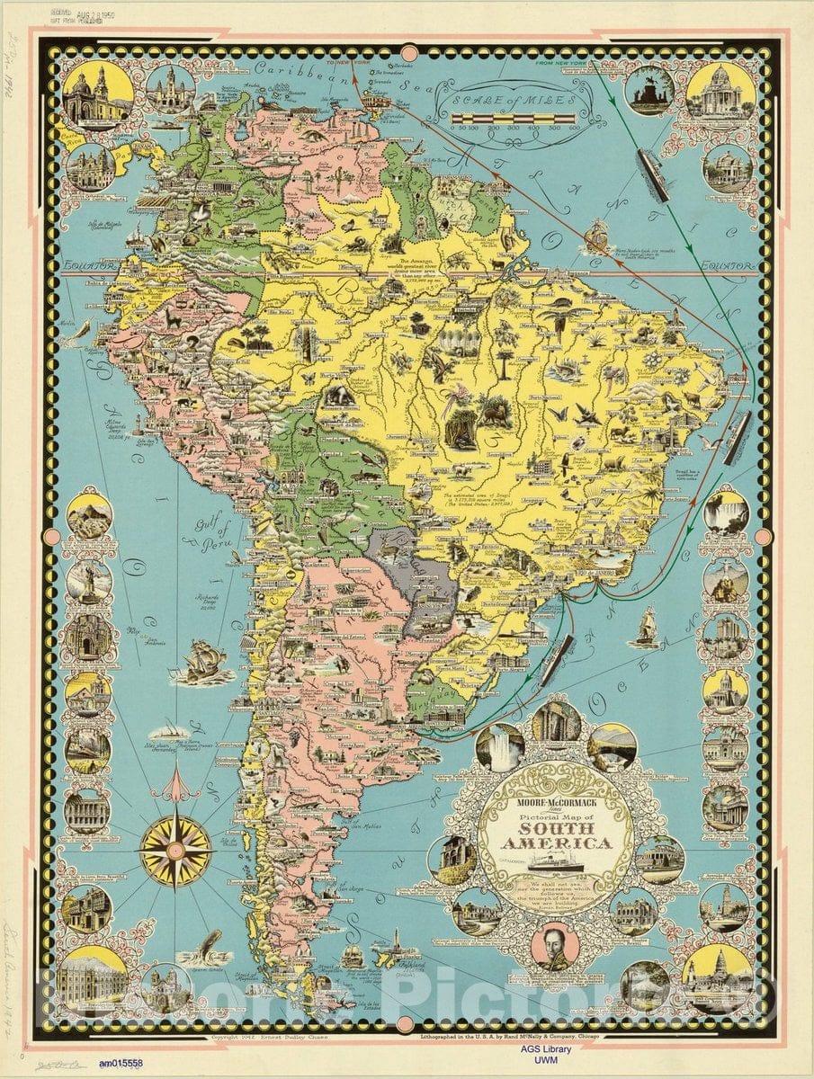 Map : South America 1942, Moore-McCormack Lines pictorial map of South America , Antique Vintage Reproduction