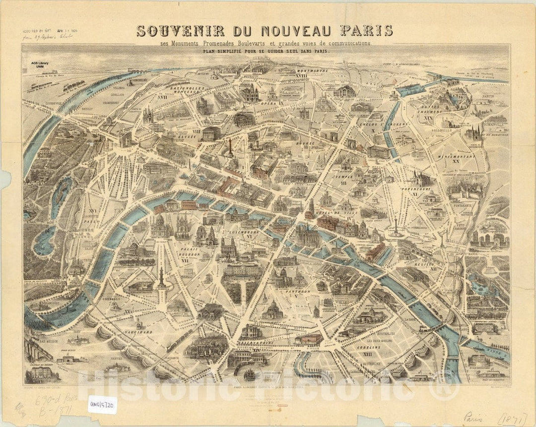 Map : Paris, France 1871, Souvenir du nouveau Paris : ses monuments, promenades, boulevarts, et grandes voies de communications, Antique Vintage Reproduction