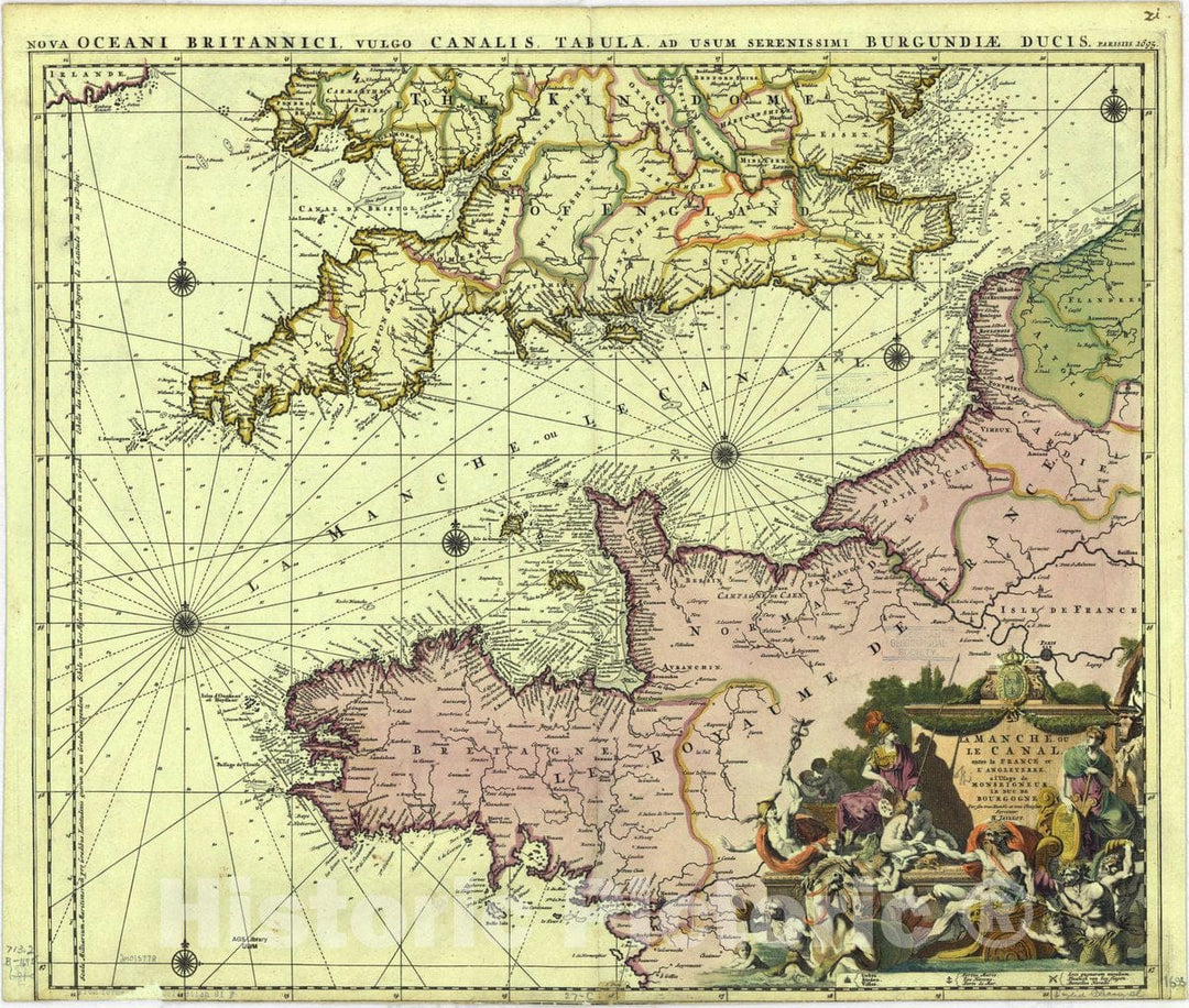 Map : English Channel 1695, La manche ou le canal : entre la France et l'Angleterre , Antique Vintage Reproduction