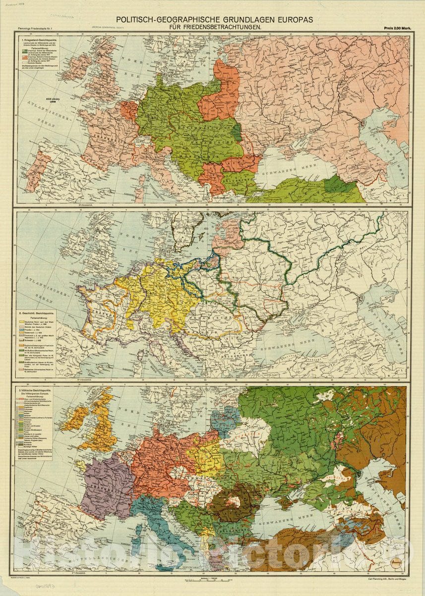 Map : Europe 1919, Politisch-geographische Grundlagen Europas fur Friedensbetrachtungen , Antique Vintage Reproduction