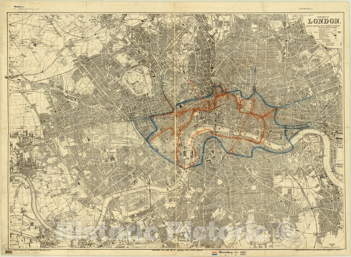 Map : London, England 1875, New map of London, divided into half mile squares and circles , Antique Vintage Reproduction