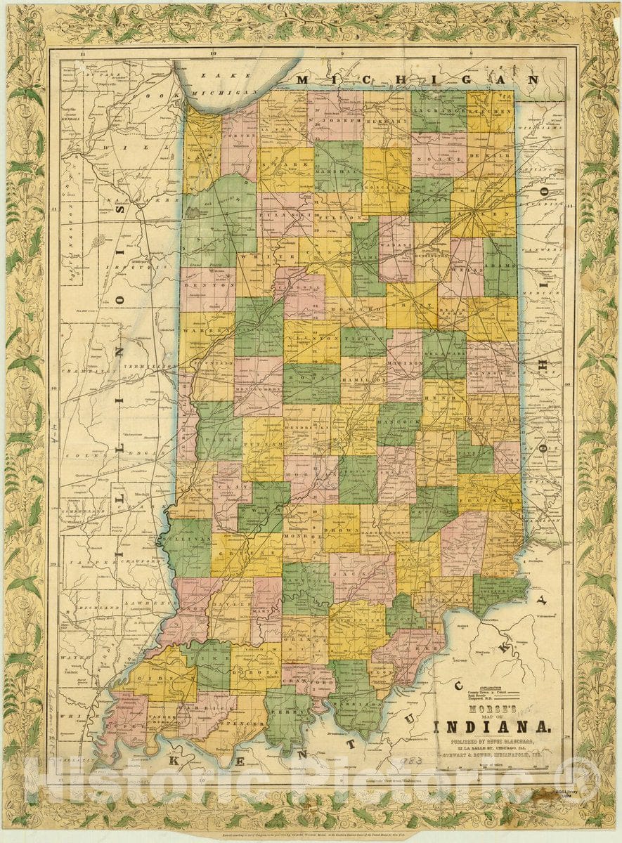 Map : Indiana 1855, Morse's map of Indiana, Antique Vintage Reproduction