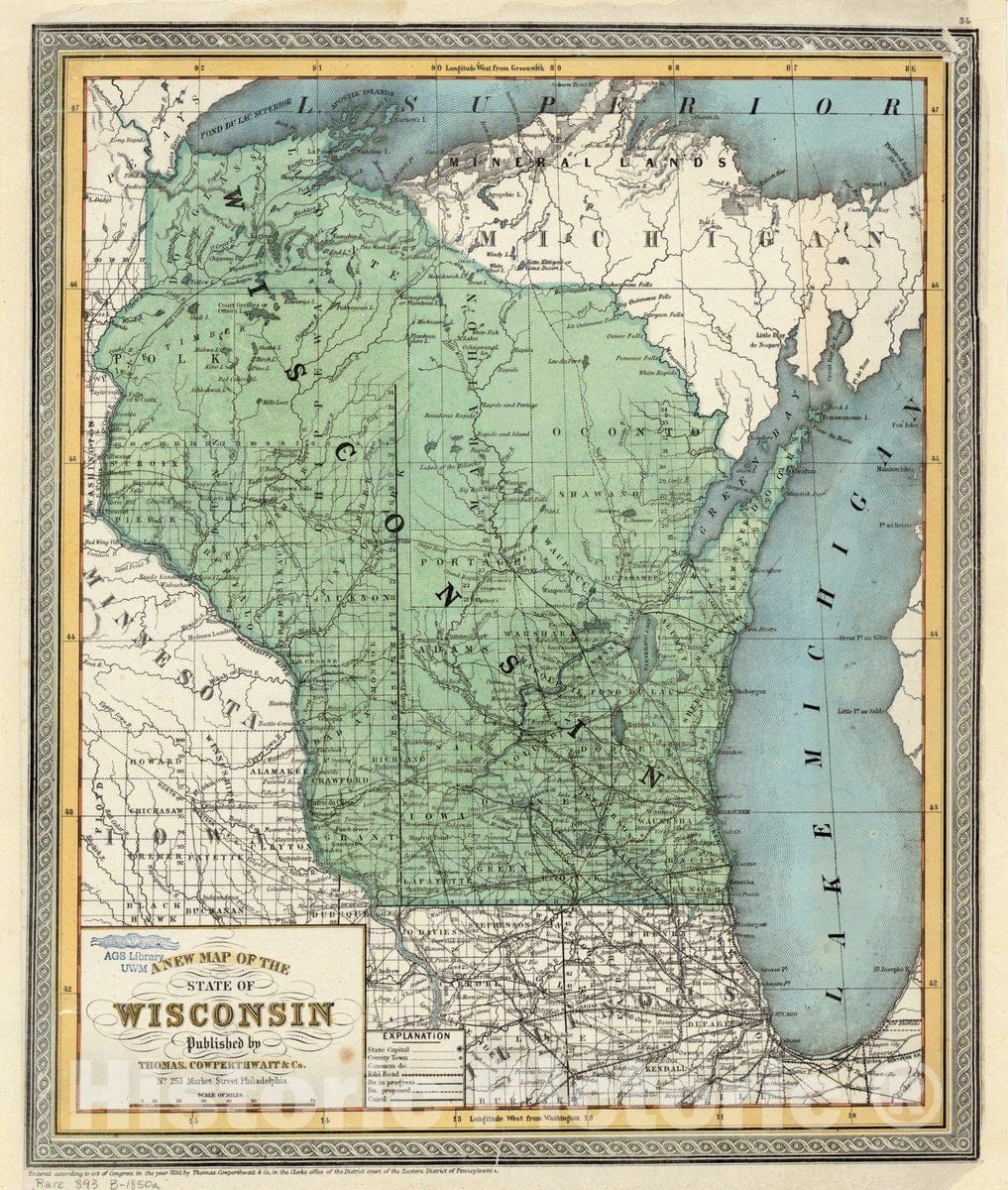 Map : Wisconsin 1854, A new map of the State of Wisconsin , Antique Vintage Reproduction