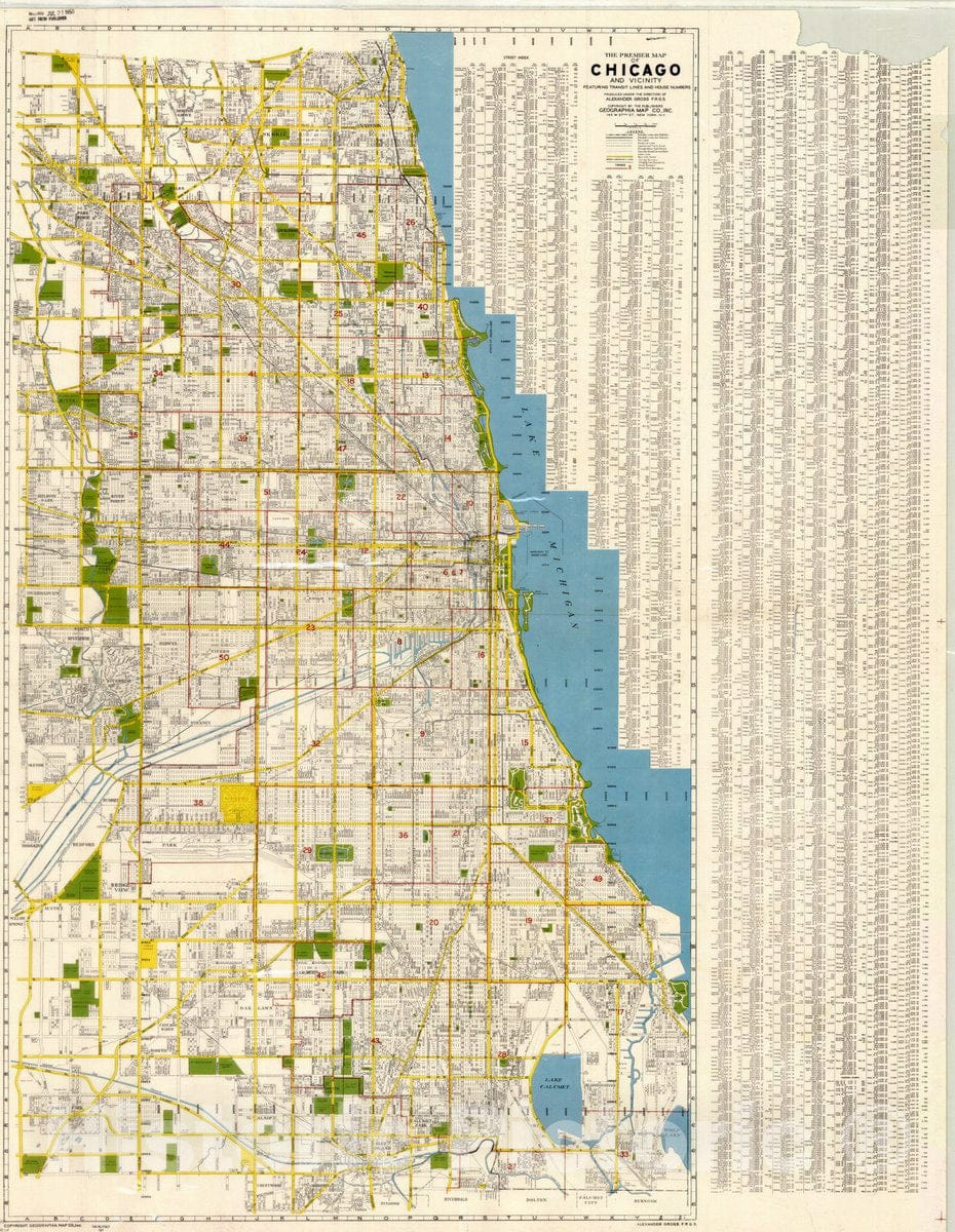 Map : Chicago 1949, The Premier map of Chicago and vicinity : featuring transit lines and house numbers , Antique Vintage Reproduction