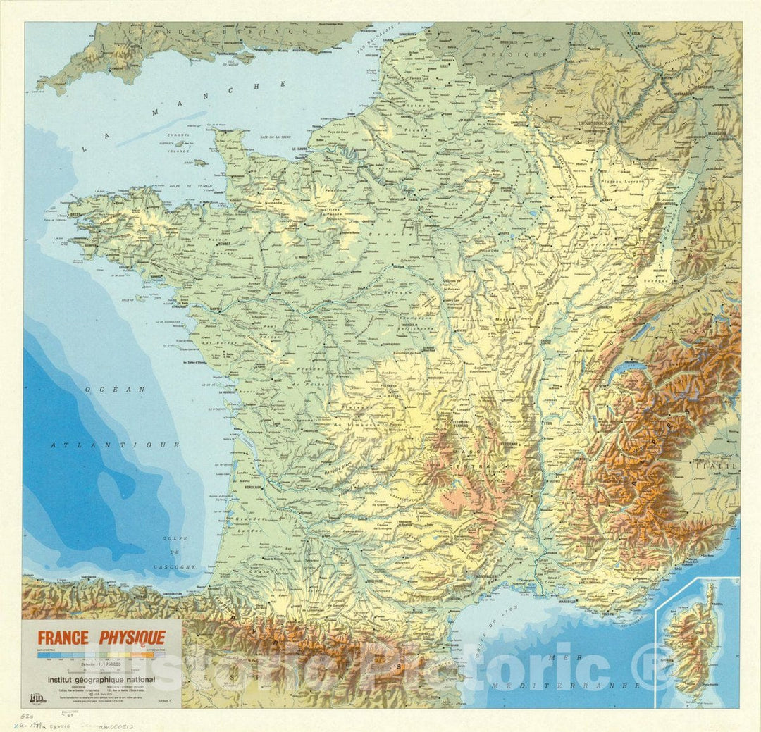 Map : France 1979, France physique , Antique Vintage Reproduction