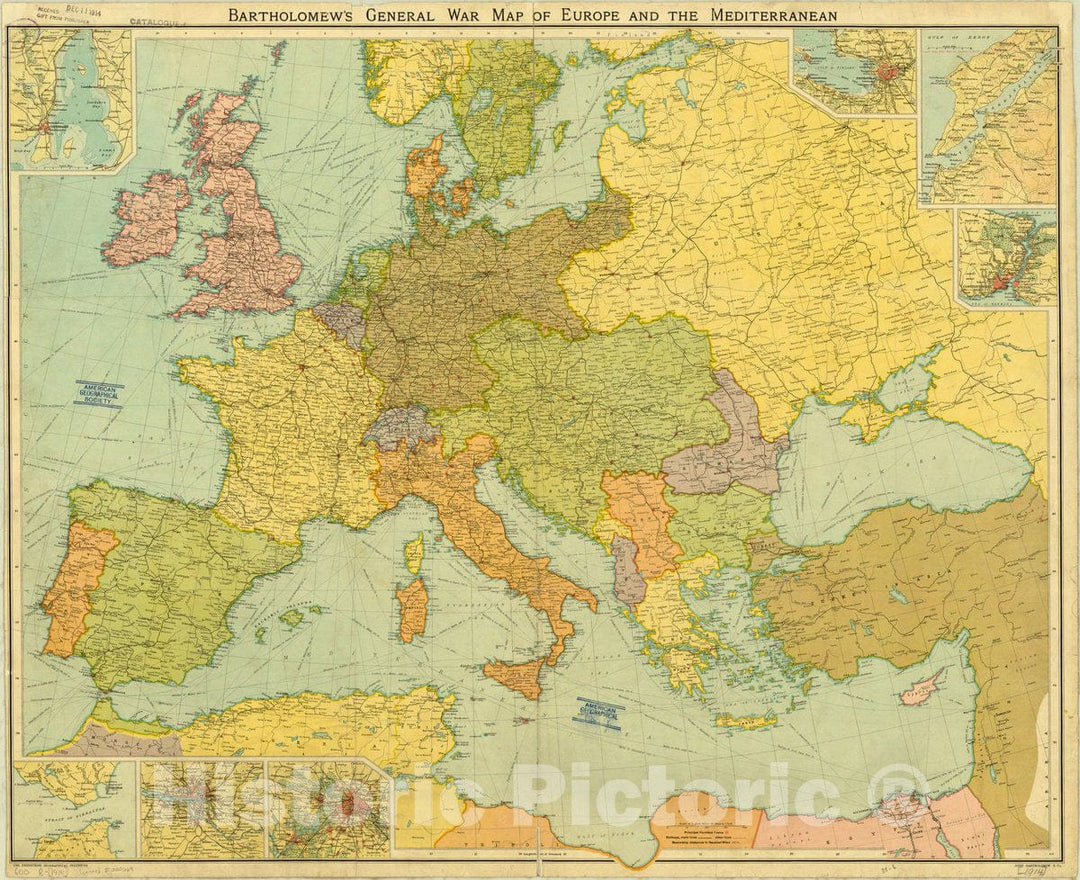 Map : Europe 1914, Bartholomew's general war map of Europe and the Mediterranean , Antique Vintage Reproduction