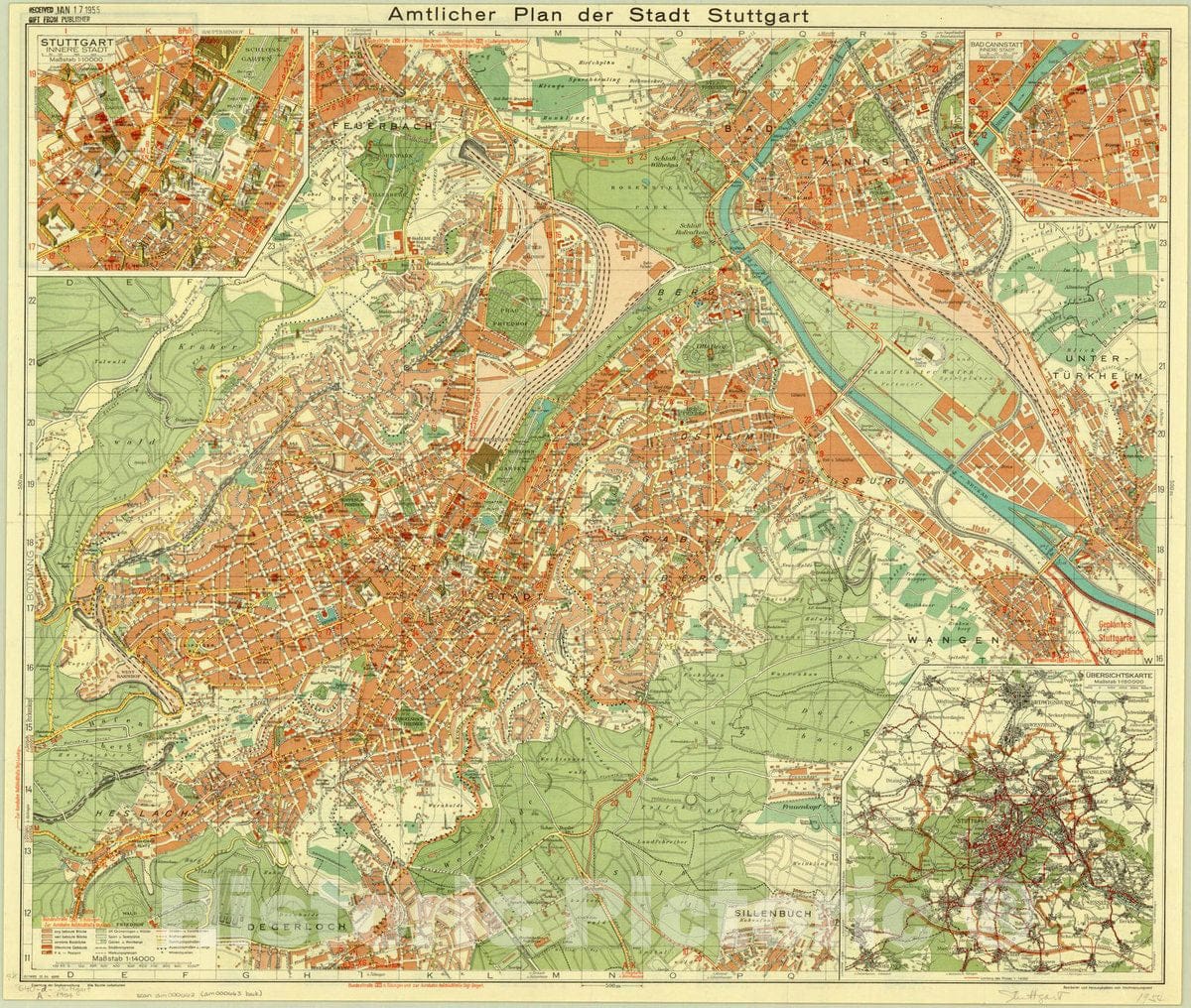 Map : Stuttgart, Germany 1954, Amtlicher plan der stadt Stuttgart mit Verkehrsnetz und Ubersichtskarta , Antique Vintage Reproduction