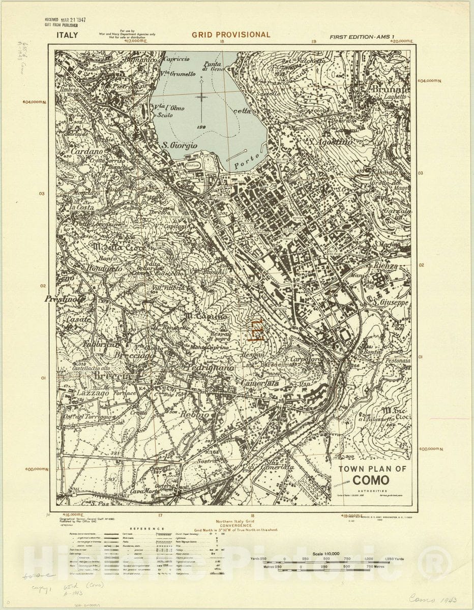 Map : Como, Italy 1943, Town plan of Como, Antique Vintage Reproduction