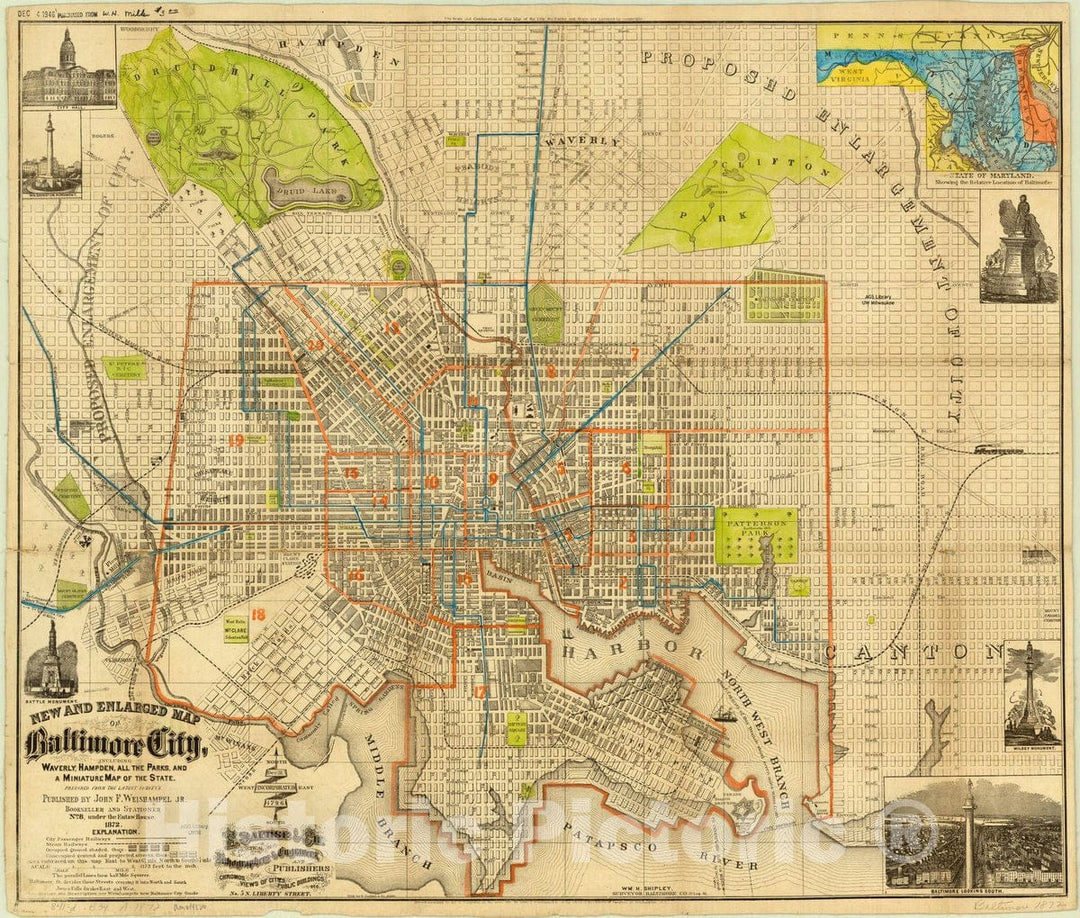 Historic Map : Baltimore, Maryland 1872, New and enlarged map of Baltimore city : including Waverly Hampden all the parks and a minature map of the state, Antique Vintage Reproduction