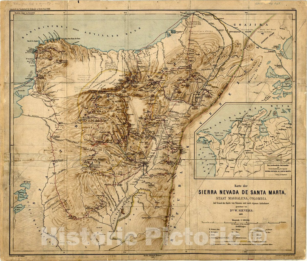 Map : Sierra Nevada de Santa Marta (Colombia) 1888, Karte der Sierra Nevada de Santa Marta, Staat Magdalena, Colombia , Antique Vintage Reproduction