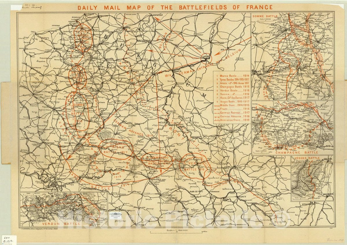 Map : France 1919, Daily Mail map of the battlefields of France , Antique Vintage Reproduction